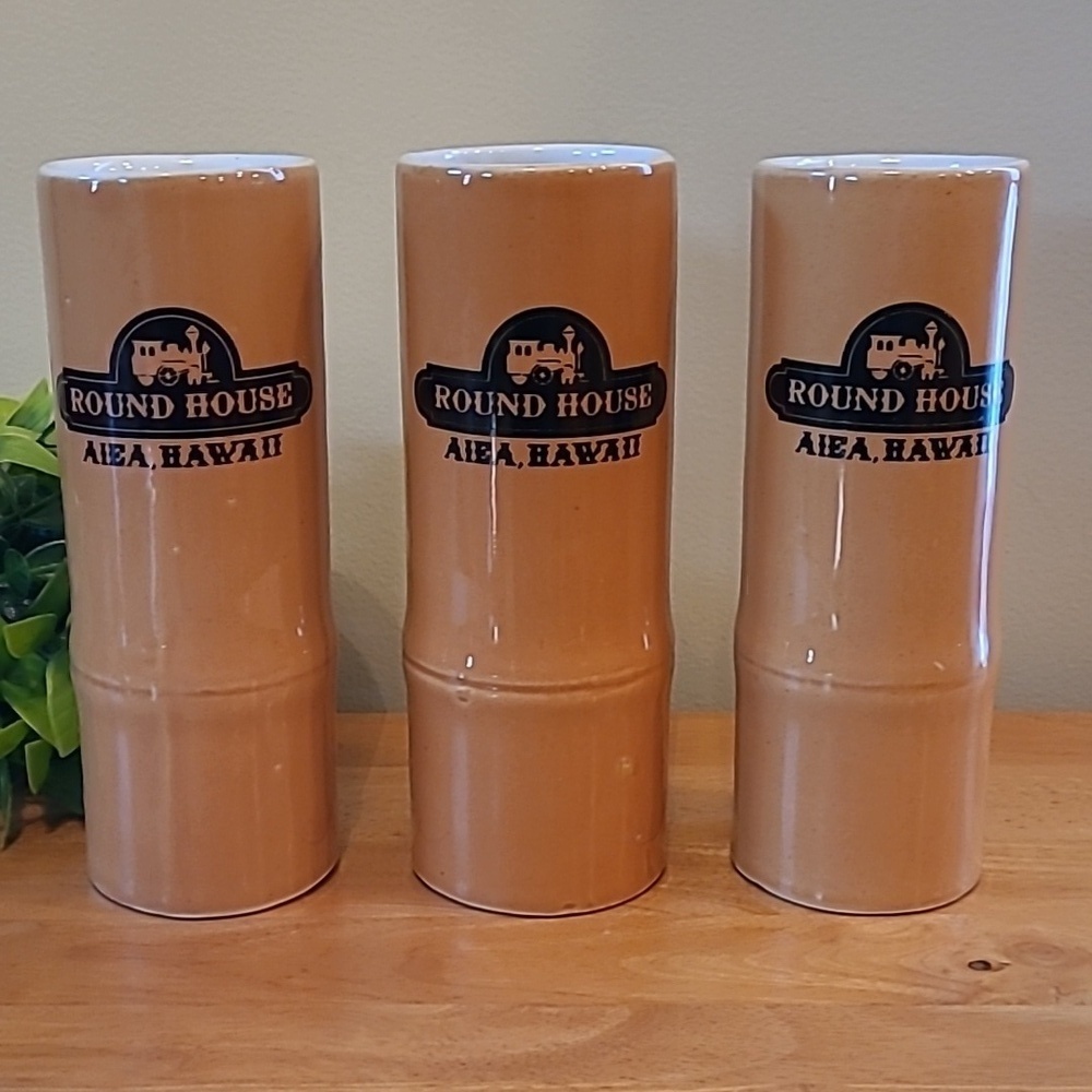 VINTAGE Round House Restaurant Aiea Hawaii Ceramic Bamboo Tiki Mugs